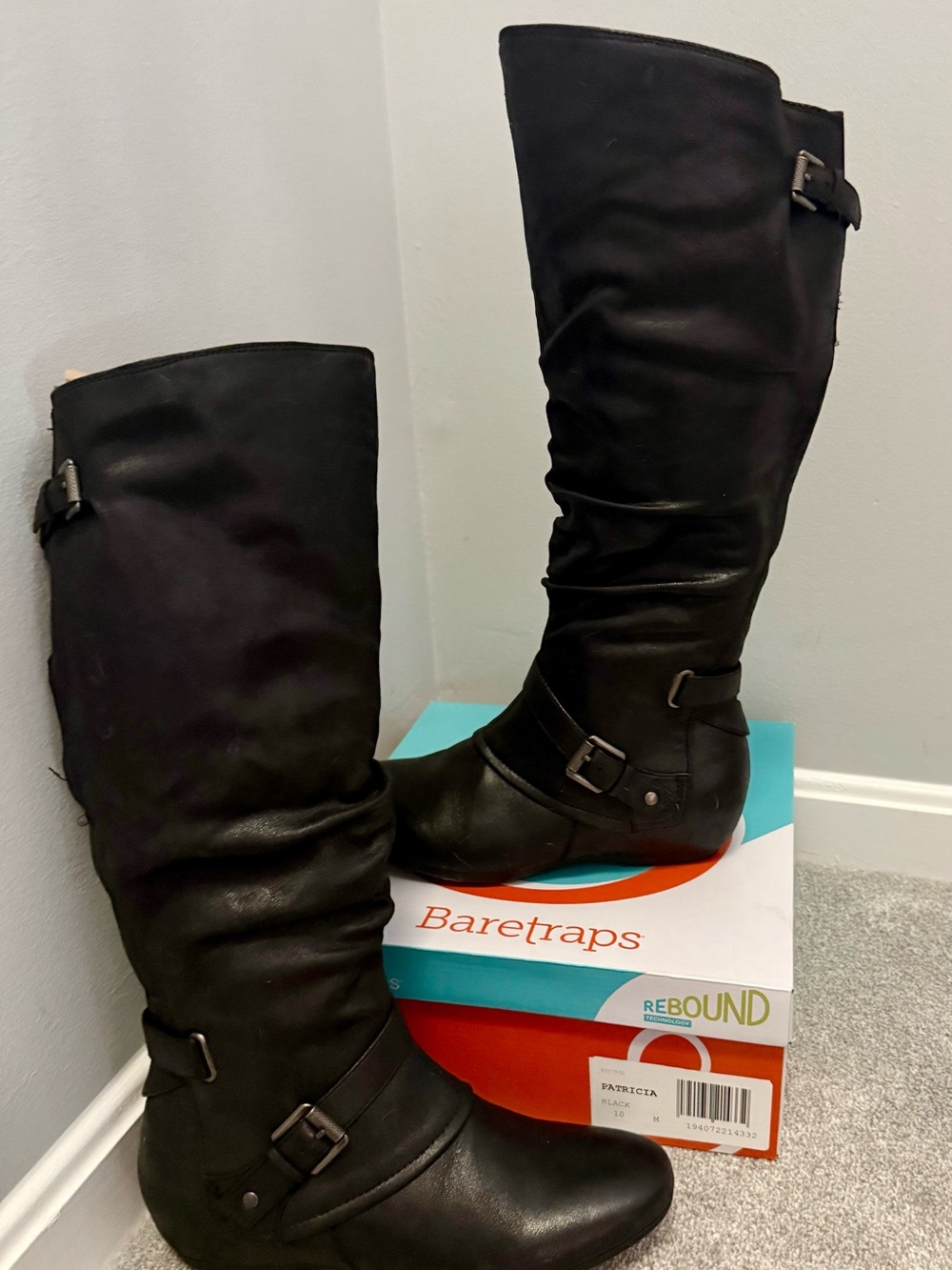 BareTraps “Patricia” 
Black, Knee-high, decorative Buckle Boots, Side Zipper